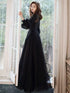 Black Tulle Puffy Long Sleeves Party Dress with Beadings, Black Tulle Prom Dress